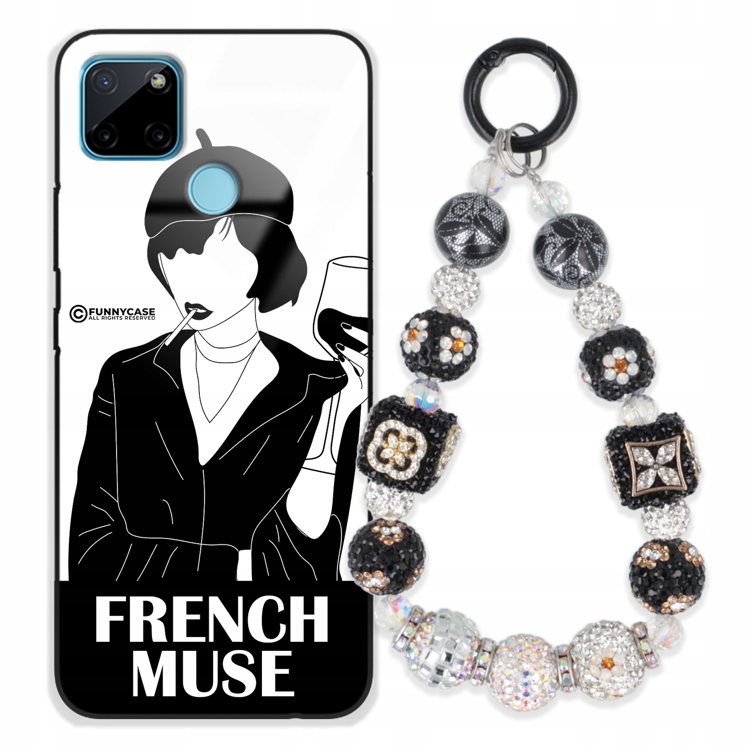 Puzdro Pre Realme C25Y Glass Ženské Čierno-biele Kľúčenka, Strieborný Zirkón