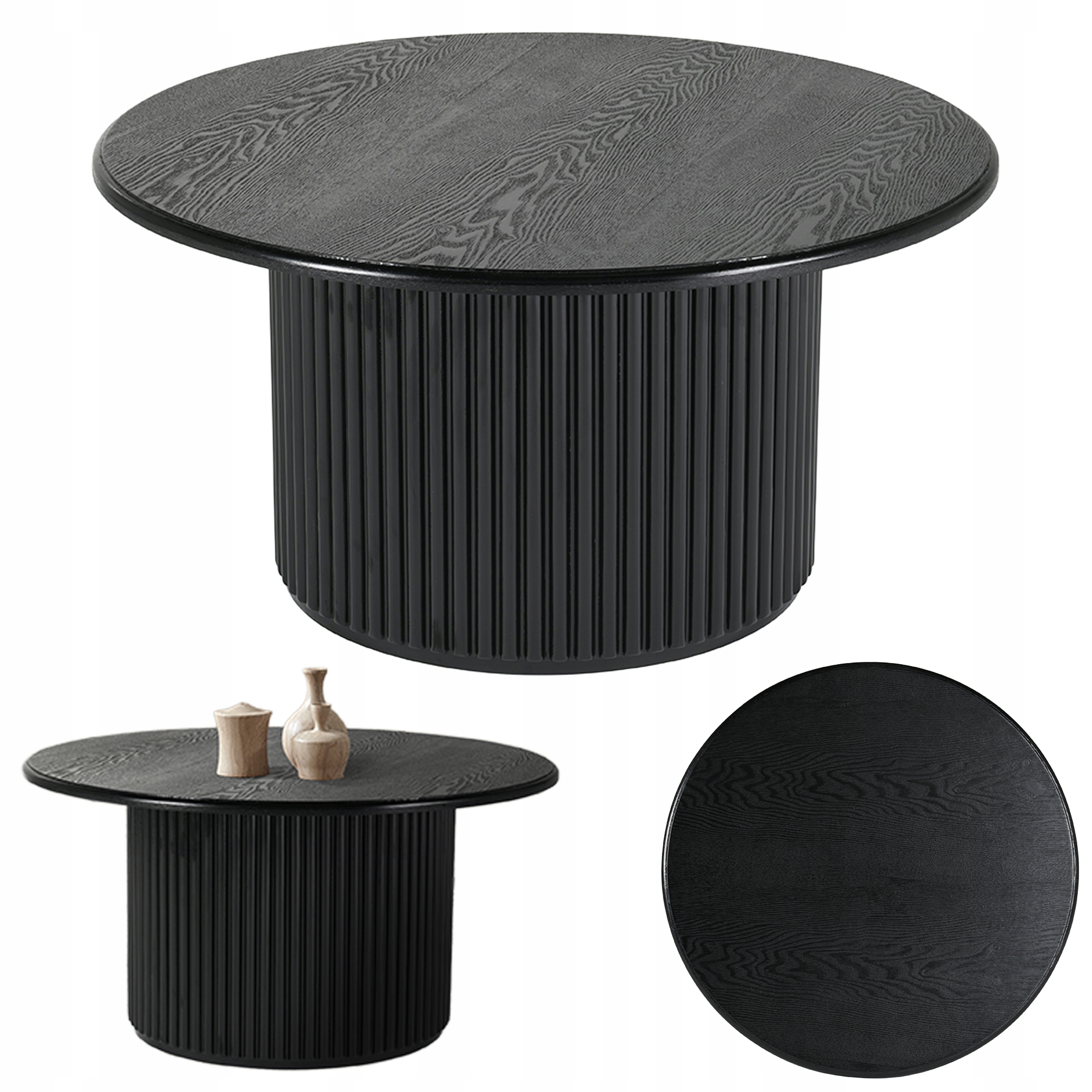 Okrúhly konferenčný stolík Roma 80 cm, čierny, lavička do obývačky, ryhovaný stôl Glam