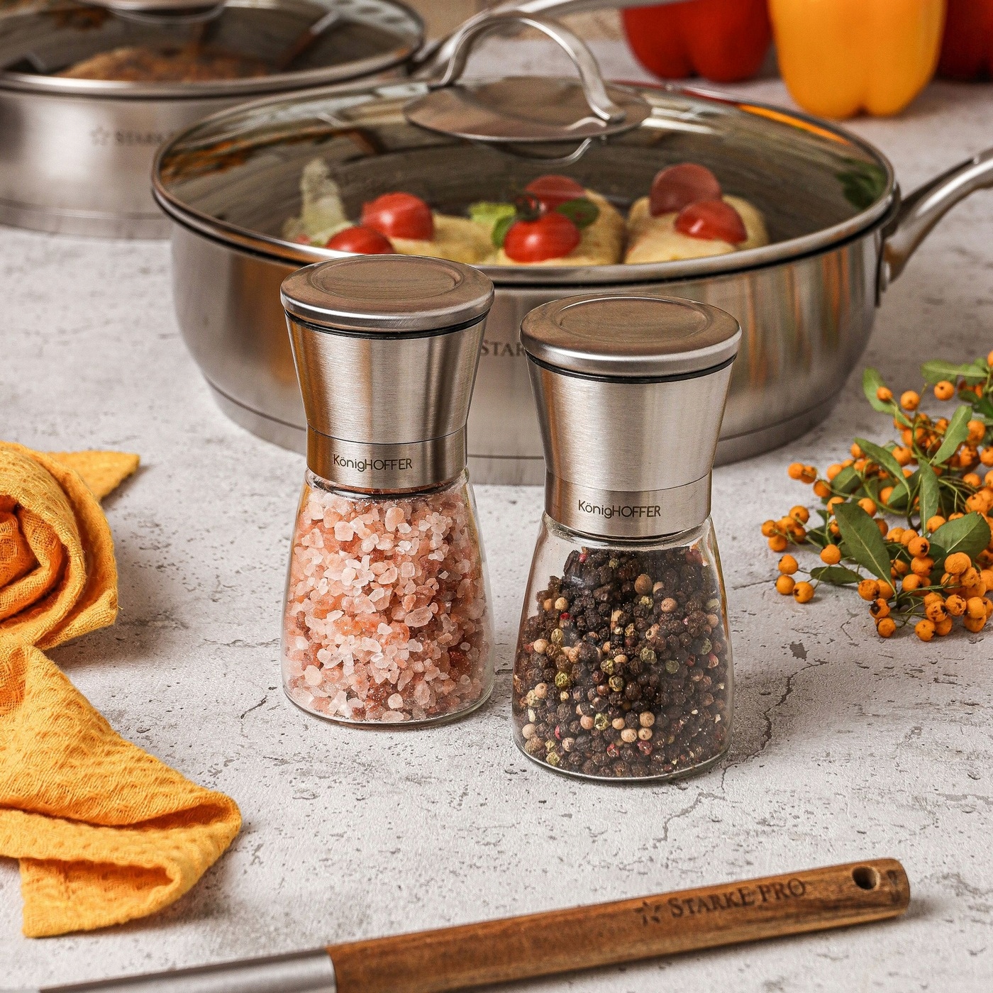 Komplet RĘCZNE MŁYNKI do pieprzu i soli SZKLANE MŁYNKI Konighoffer 170 ml Stan opakowania oryginalne
