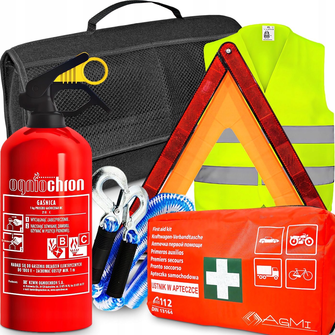 Set Hasicí Přístroj Do Auta Lékárnička Vesta Trojúhelník Lanko Taška Organizér
