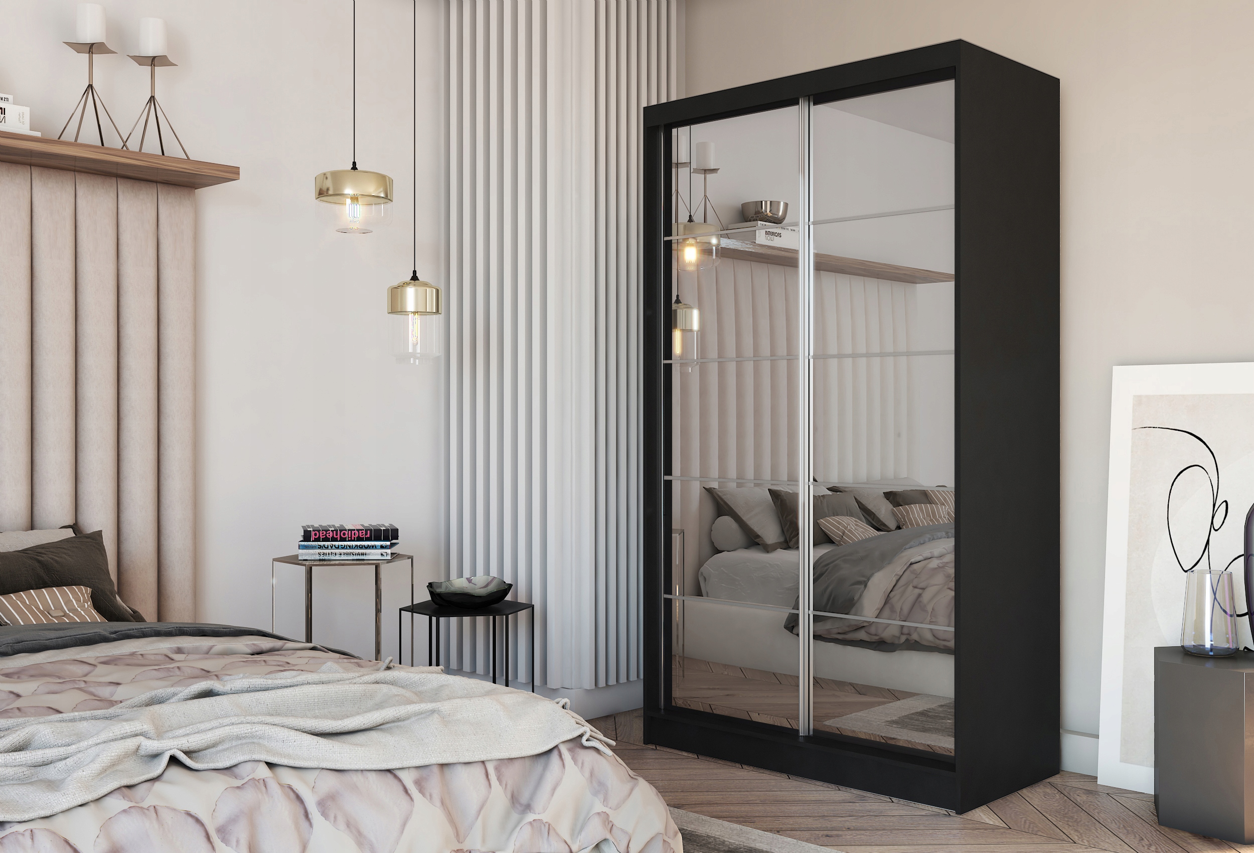 Skříň Posuvná Fiorella 120 cm se zrcadlem Zásuvky Skříň Dvoudveřová Černá
