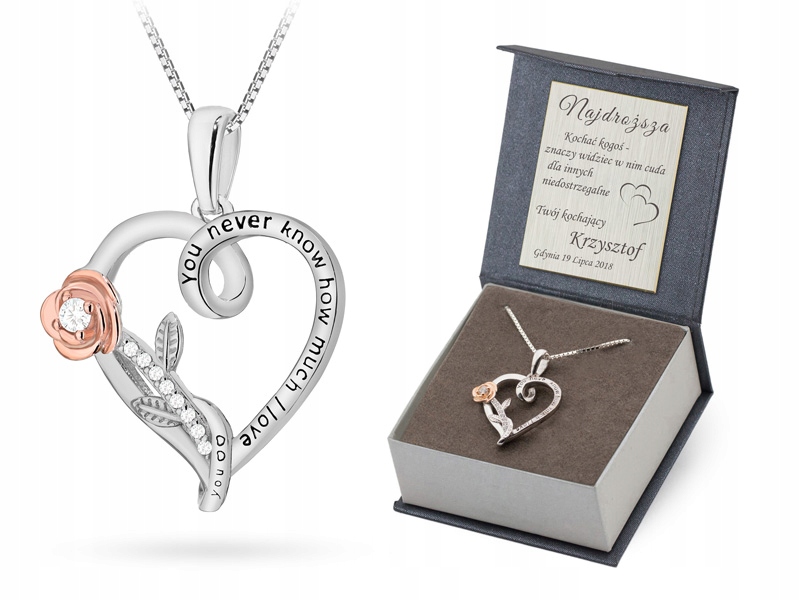 Stříbrná Sada ryzost 925 Řetízek 45cm a Přívěsek Srdce Růže Gravírování