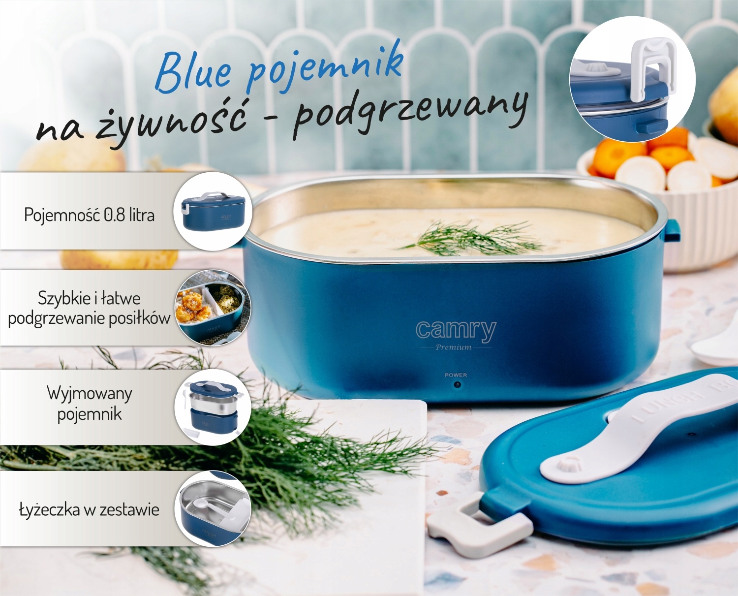 Podgrzewacz do żywności CR4517 - zestaw z metalowym pojemnikiem i sztućcami