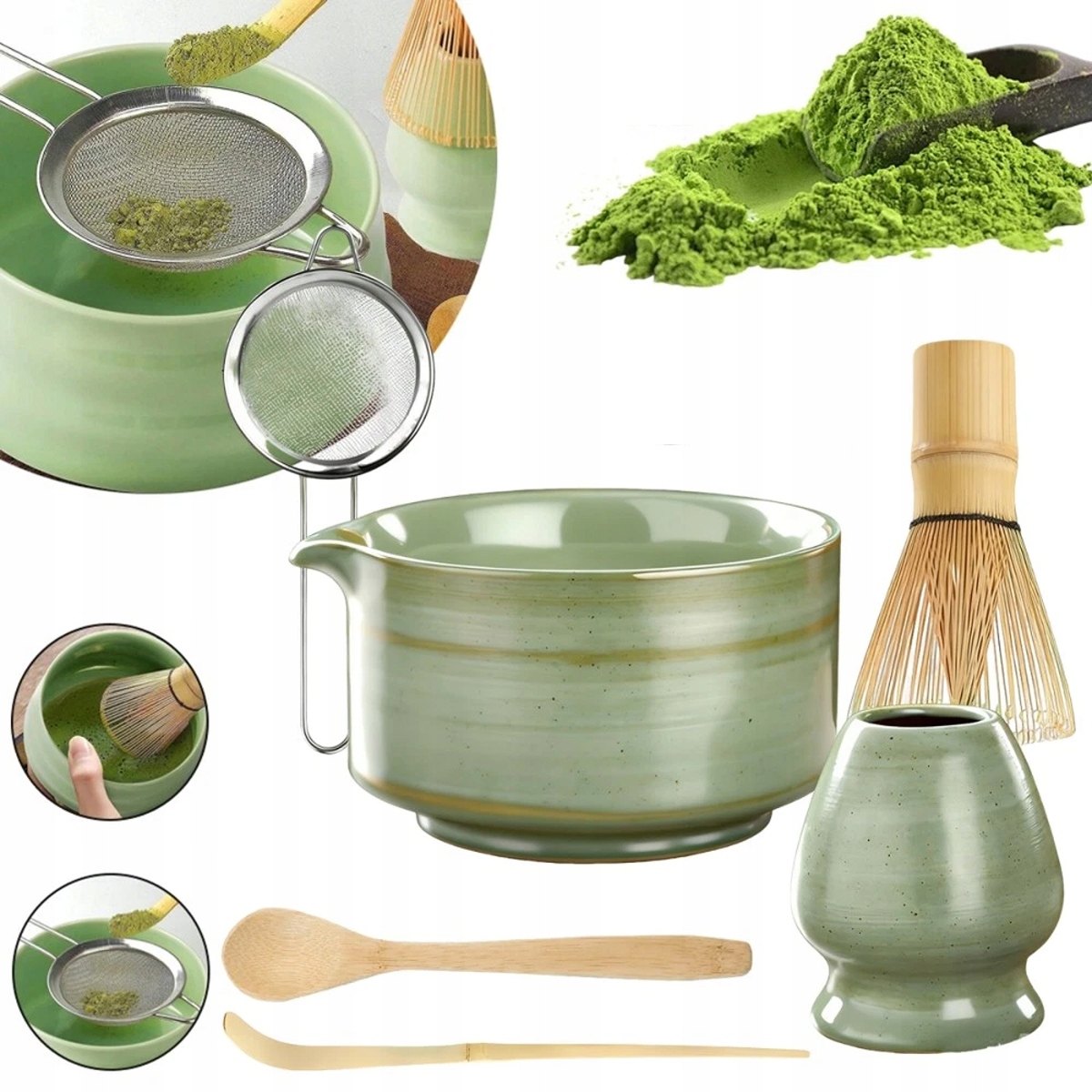 Levně Sada Na Přípravu Matchy 6 Kusů šlehací metla, miska, sítko, lžíce