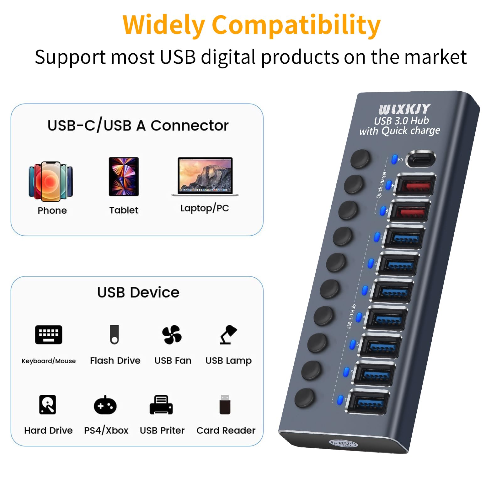 WLXKJY Aktywny USB Hub 72W 10 Portów Aluminiowa Obudowa Szybkie Ładowanie — miniatura 3