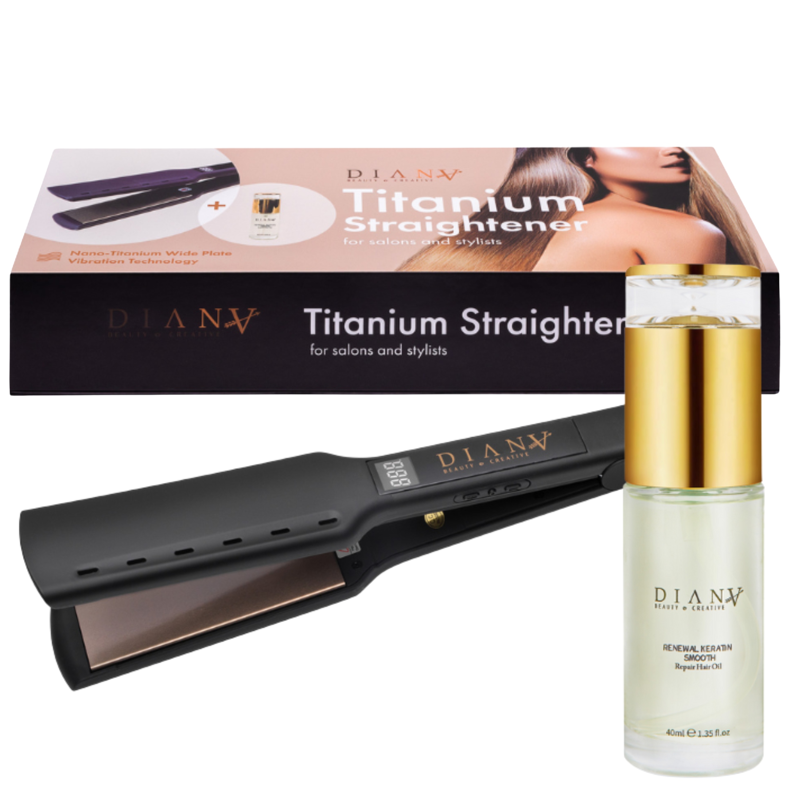 Prostownica tytanowa z szerokimi płytkami wibracje olejek 40ml Diana