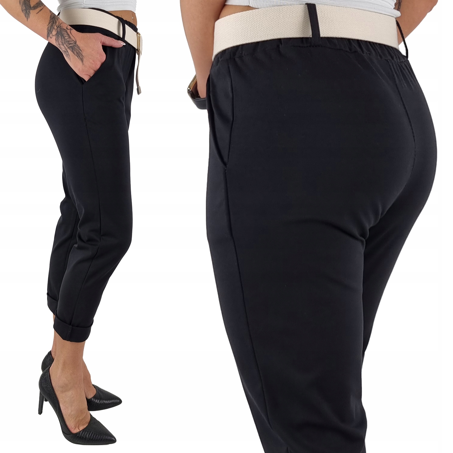 #elastyczne Spodnie Damskie W Gumkę Pasek Premium