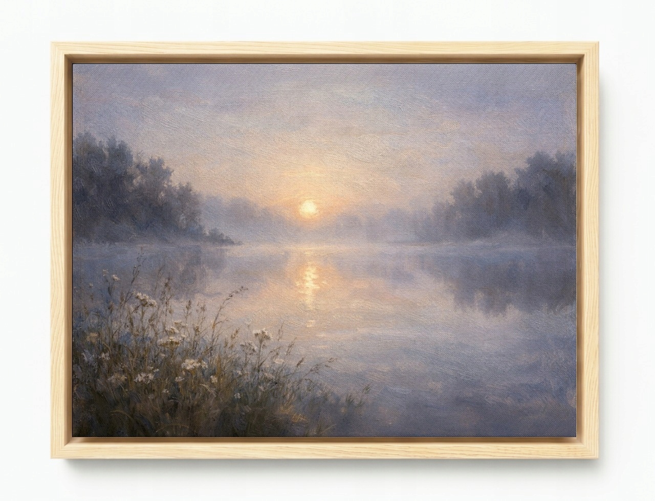 Obraz Rám Americká Krabička Jezero Les Břeh Slunce Ráno Úsvit Mlhy 80x60