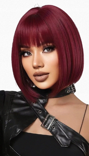 Peruka damska burgund z grzywką krótka do ramion prosty bob syntetyczna