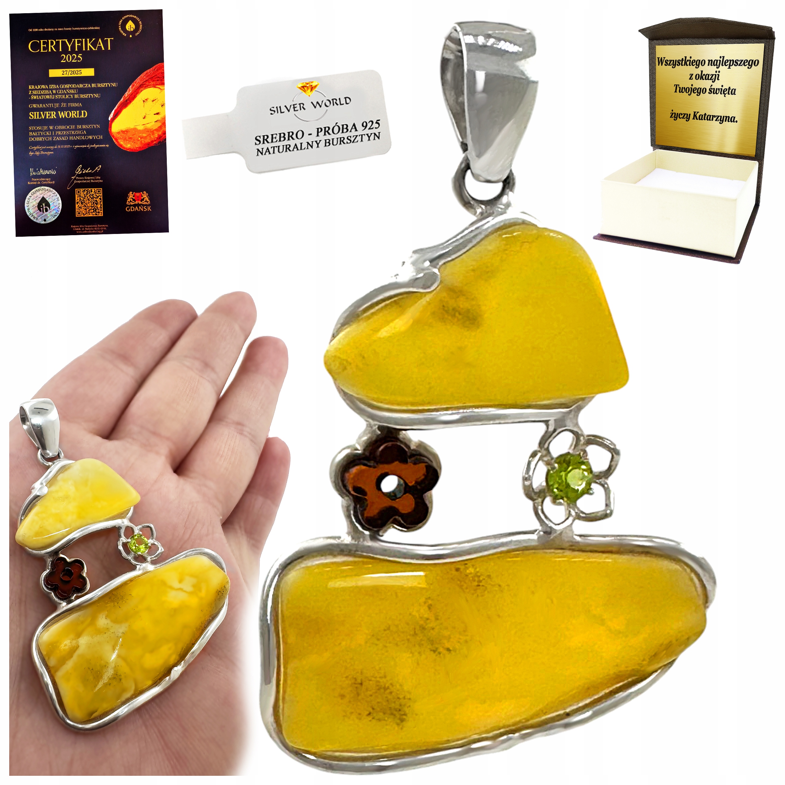 Přívěsek Stříbrný S Baltským Jantarem Umělecká Vazba Gravírování WB44