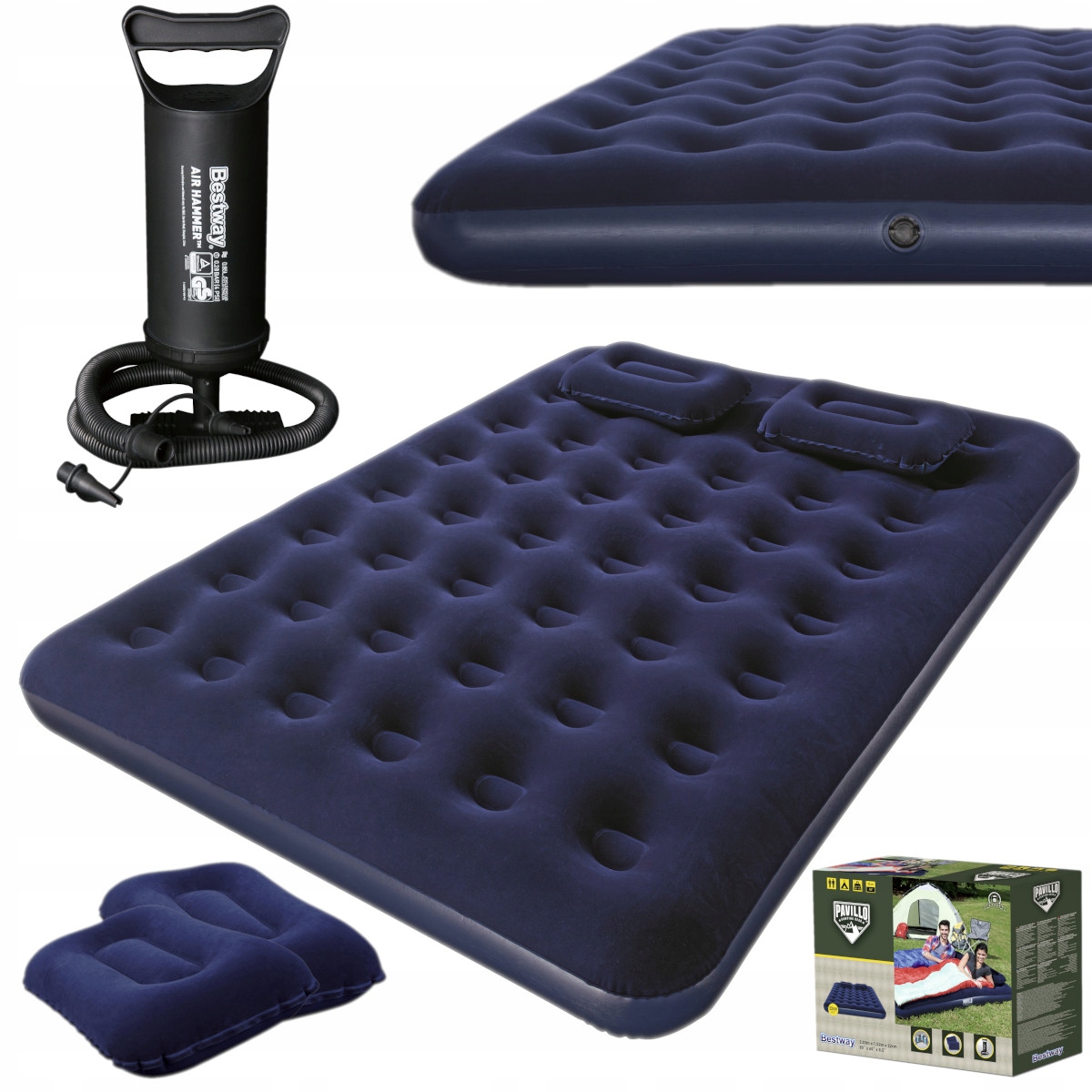 PRZENOŚNY MATERAC DMUCHANY DWUOSOBOWY DO SPANIA +2 PODUSZKI +POMPKA Bestway Szerokość produktu 152 cm
