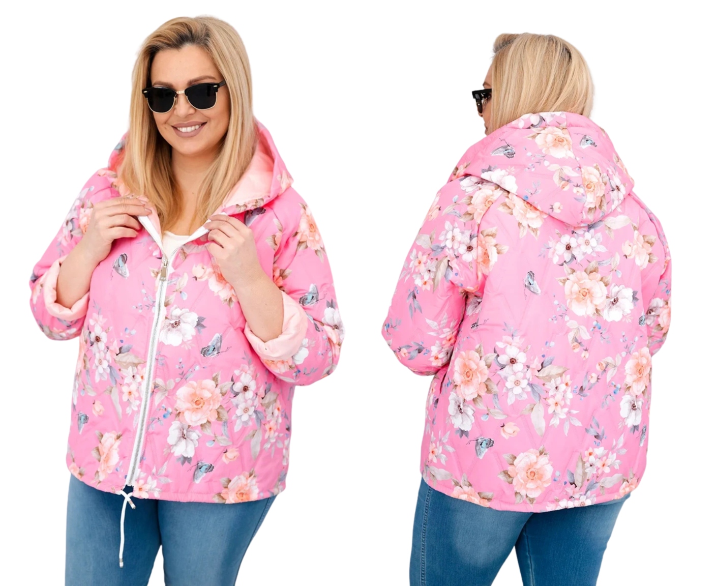 Světle růžová dámská jarní bunda Plus Size s kapucí a květinovým vzorem