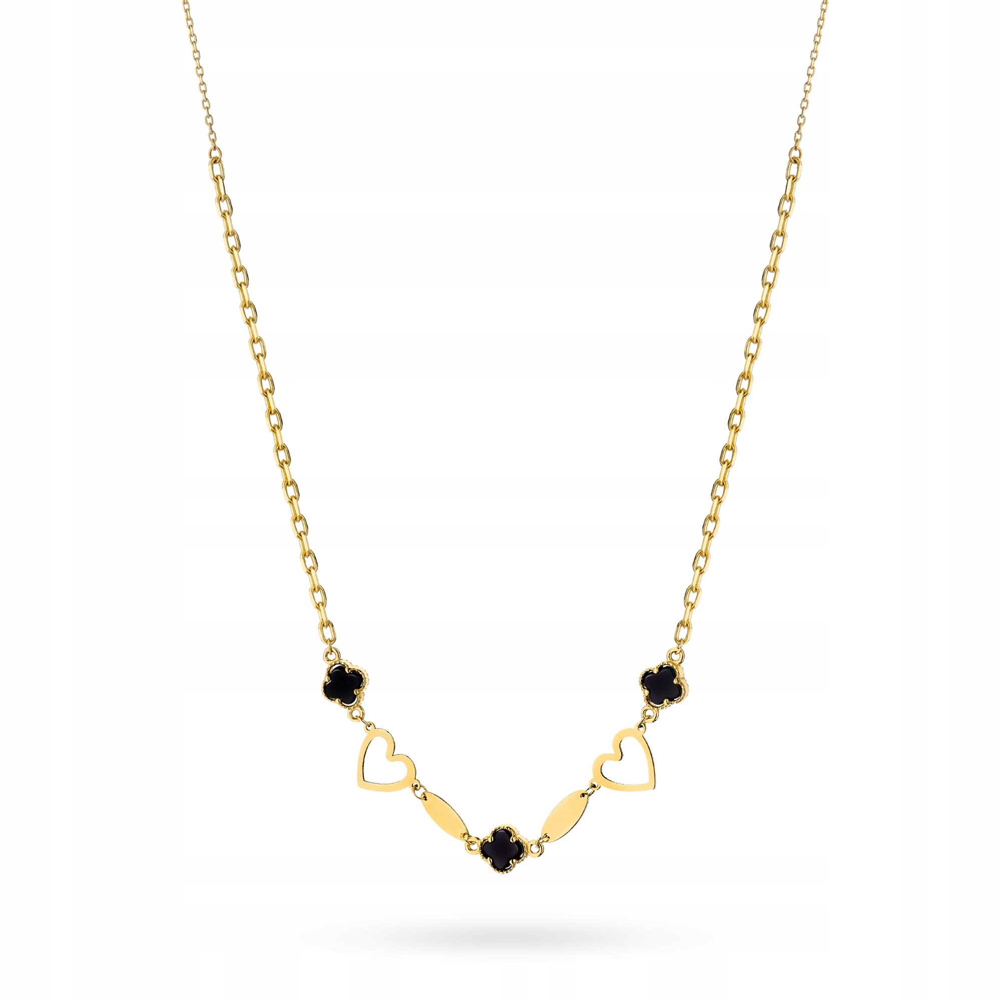 Zlatý Řetízek Dámský Náhrdelník pr 585 Ažurové srdce Černé jetelky 14k