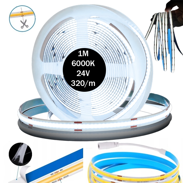 Сильная яркая неоновая светодиодная лента COB 24V 1m 320 LED / M 6000K белая холодная линия 8 мм