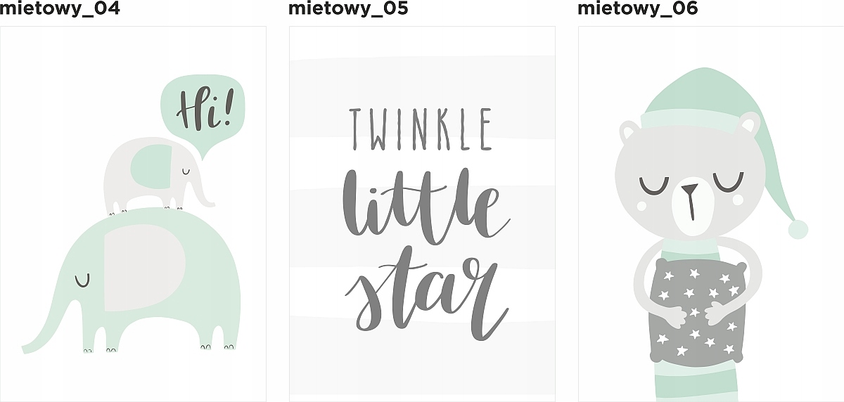 Zestaw 3 plakaty miętowe wzory, księżyc sen A3 Bohater / Bajka Inny