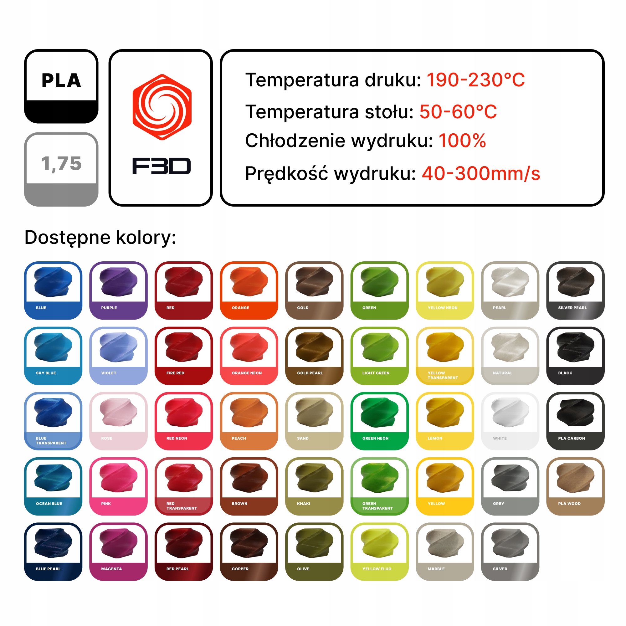F3D FILAMENT PLA 1,75mm 0,5kg WHITE Kod producenta 105-001