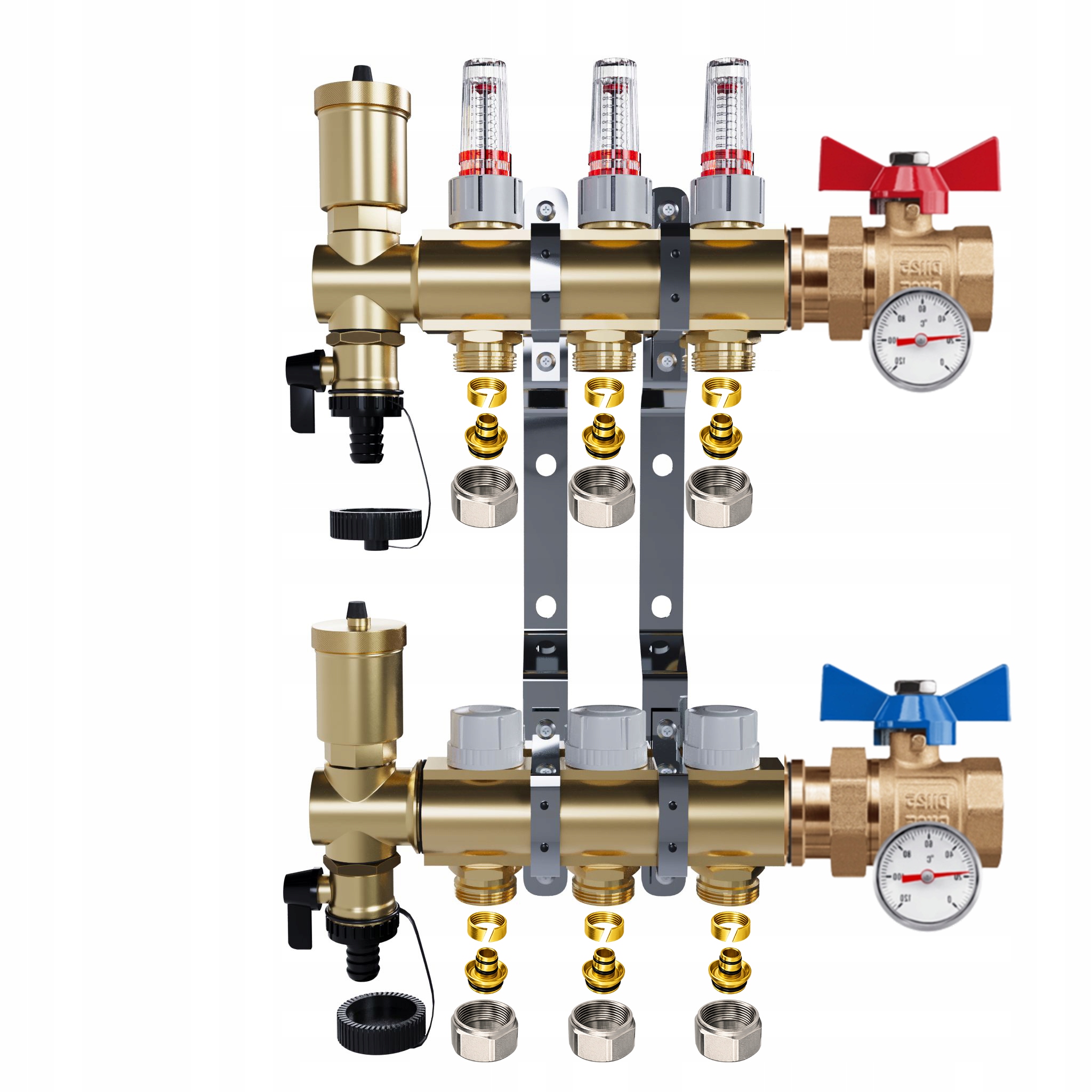 Rozdělovač Pro Podlahovou Krytinu 3 Okruhy Jednoduchý Kulový Ventil Teploměr Pex
