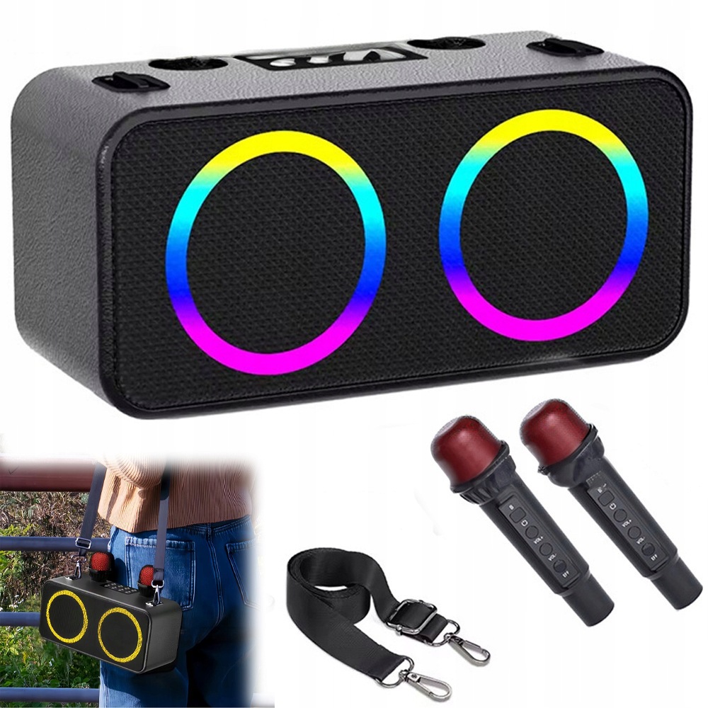 Karaoke Stroj, Přenosný Bluetooth Reproduktor Rgb Se 2 Mikrofony 2600 Mah