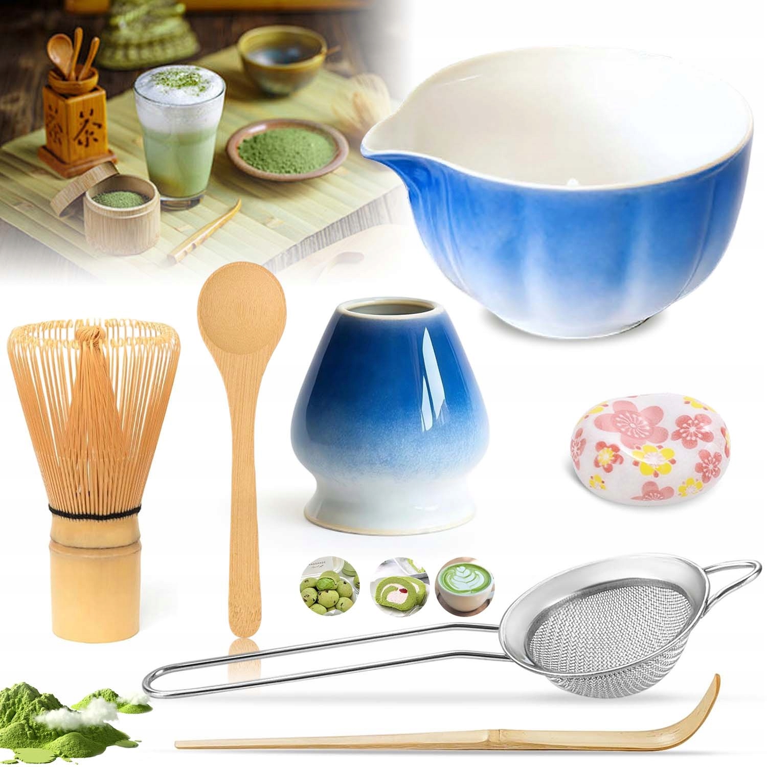 Levně Čaj Matcha Japonská Sada Metliček Štětec Stojan Dárková Lžička 7V1