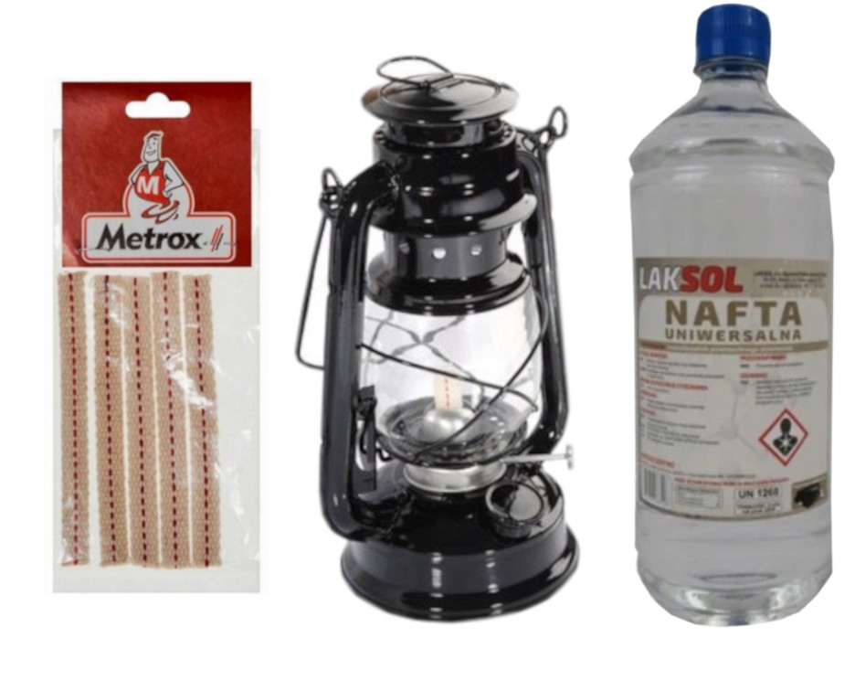 

Zestaw: Lampa naftowa czarna, knoty, nafta 1 litr