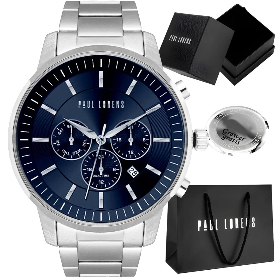 Zegarek męski Paul Lorens Tornar stalowa bransoleta datownik Z Grawerem
