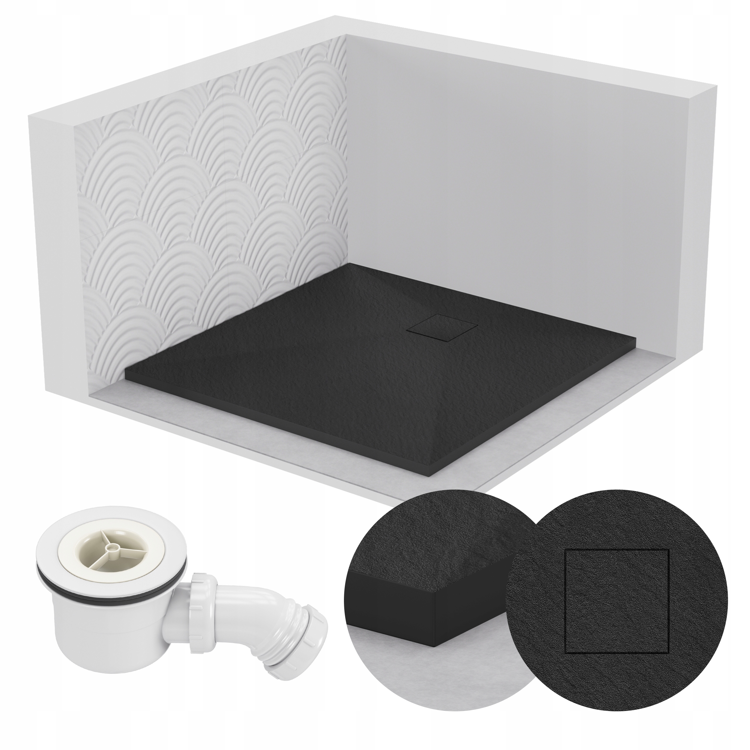 Sprchová vanička čtvercová 90x90 kamenný vzor 2,6 cm černá sifon