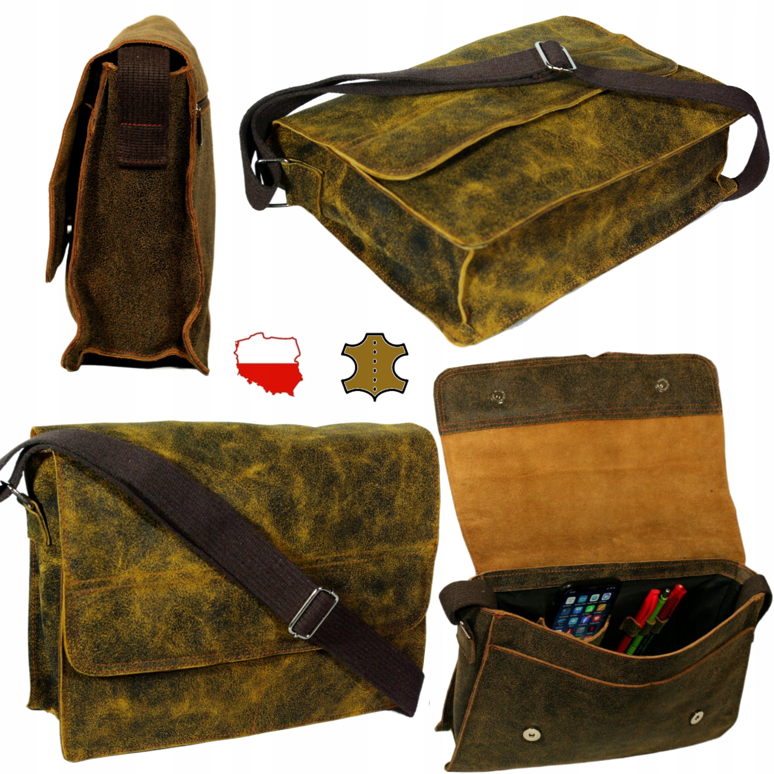 Pánská kožená taška přes rameno s popruhem kabelka přes rameno vintage polská hnědá