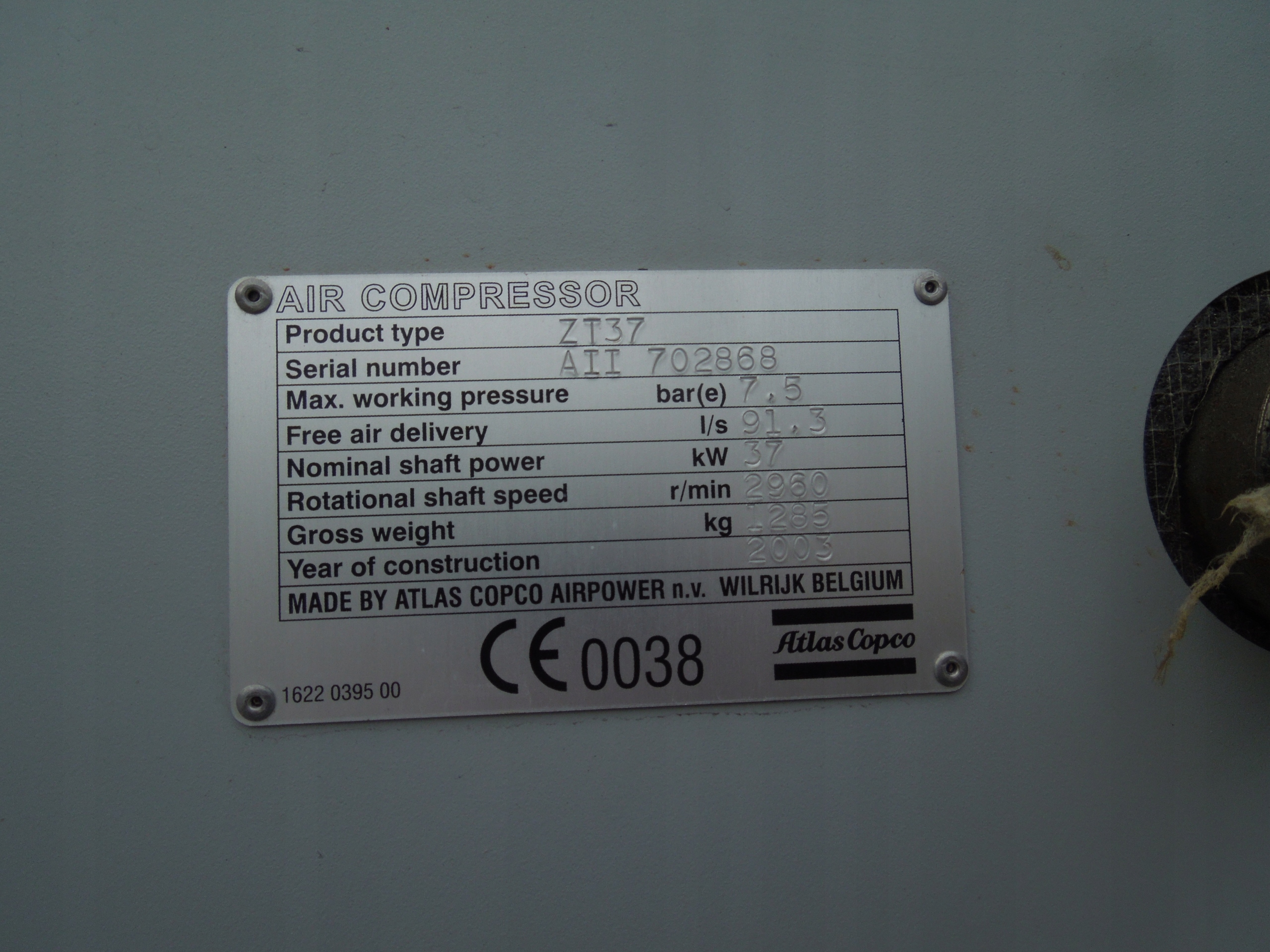 SPRĘŻARKA BEZOLEJOWA ATLAS COPCO ZT37FF 37Kw Marka Atlas Copco