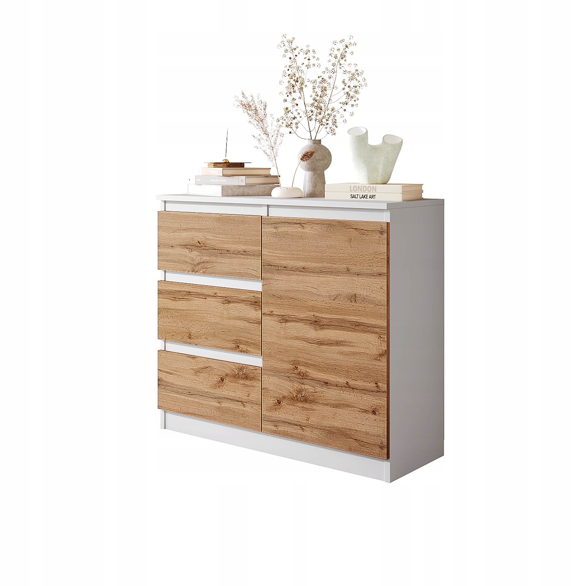 Komoda 80 CM Biela Mat Dub Wotan 3 Zásuvky, 1 Dvere, 1 Polica Obývačka