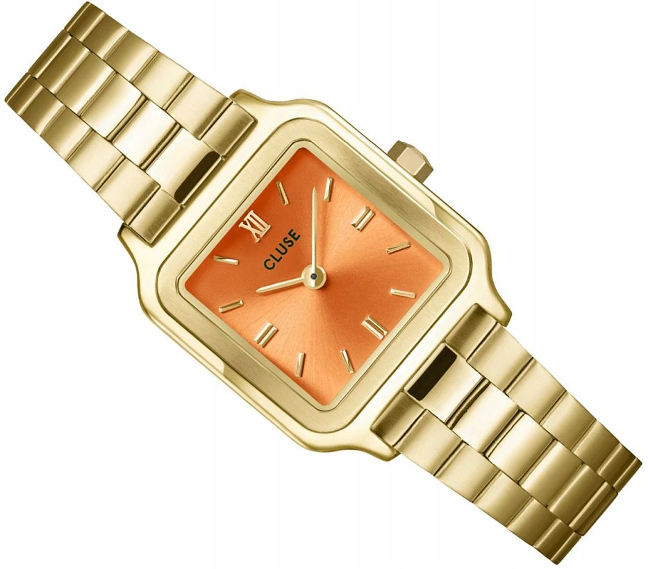 Elegantní A Módní Dámské Hodinky Cluse CW11807 Zlatý Čtverec Oranžový 24 mm