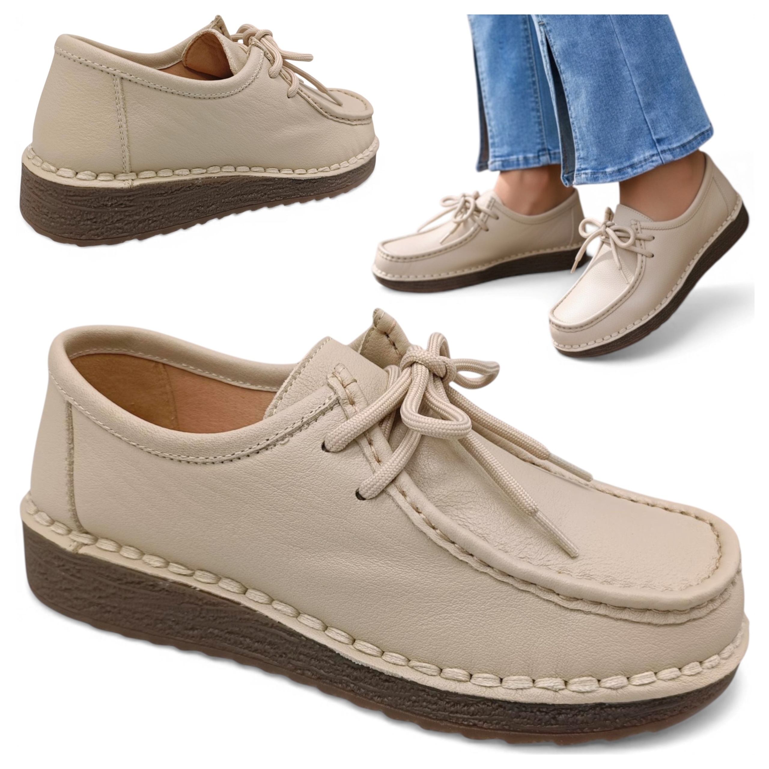 Dámské kožené polobotky 41 Pohodlné jarní šněrovací boty Artiker Béžové