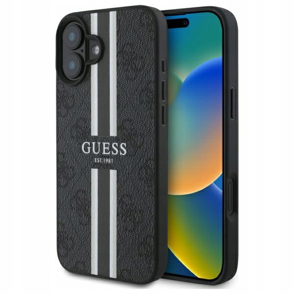 Pouzdro Guess pro iPhone 16 6.1" černé 4G Printed Stripes MagSafe