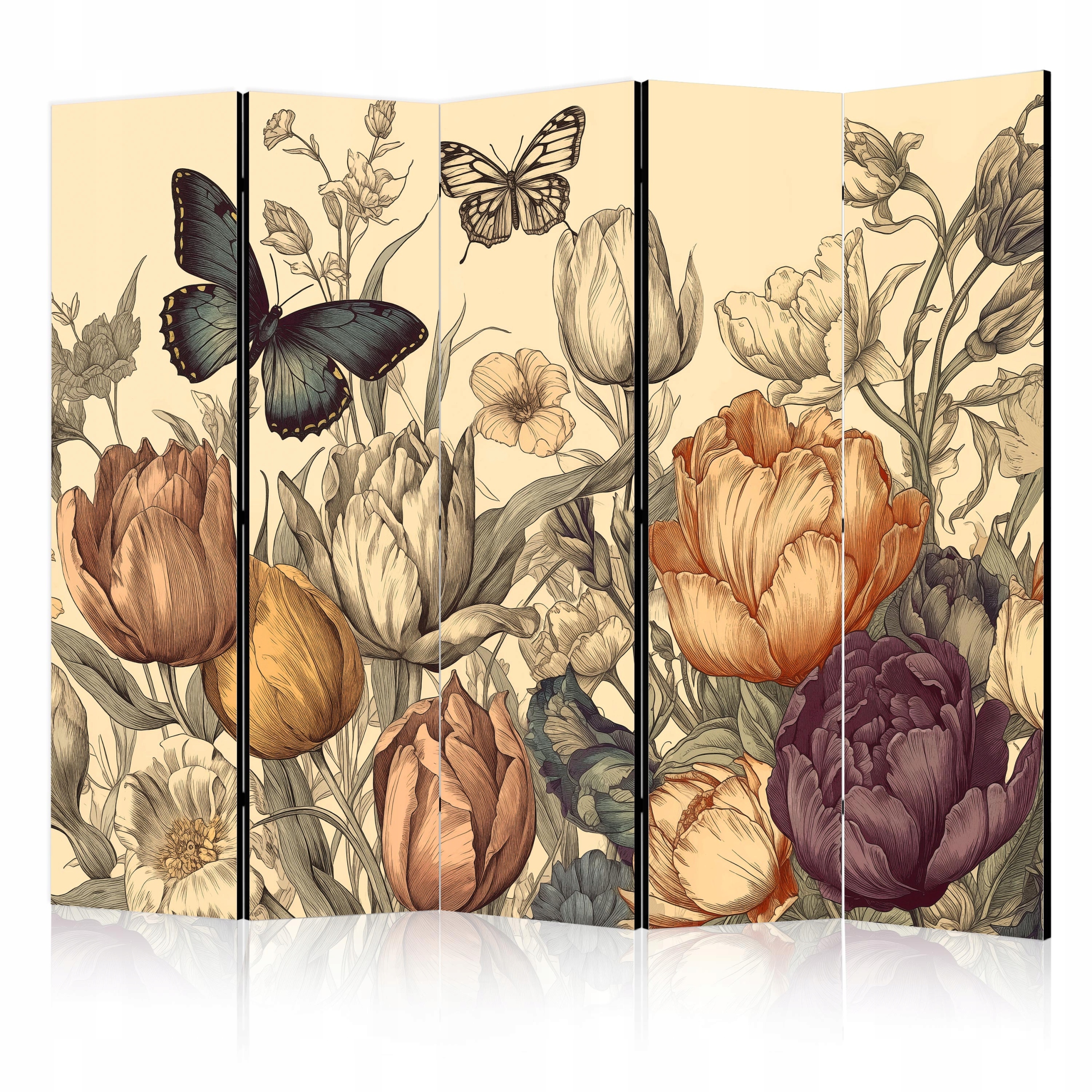 Paraván Oboustranný Pokojový 5-DÍLNÝ Polní Tulipány Motýli Retro 225x172
