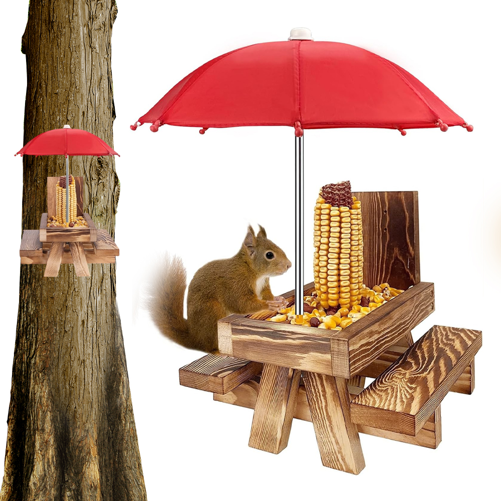 Levně Dřevěné Krmítko Pro Veverky S Deštníkem, Univerzální Pro Každé Roční Období