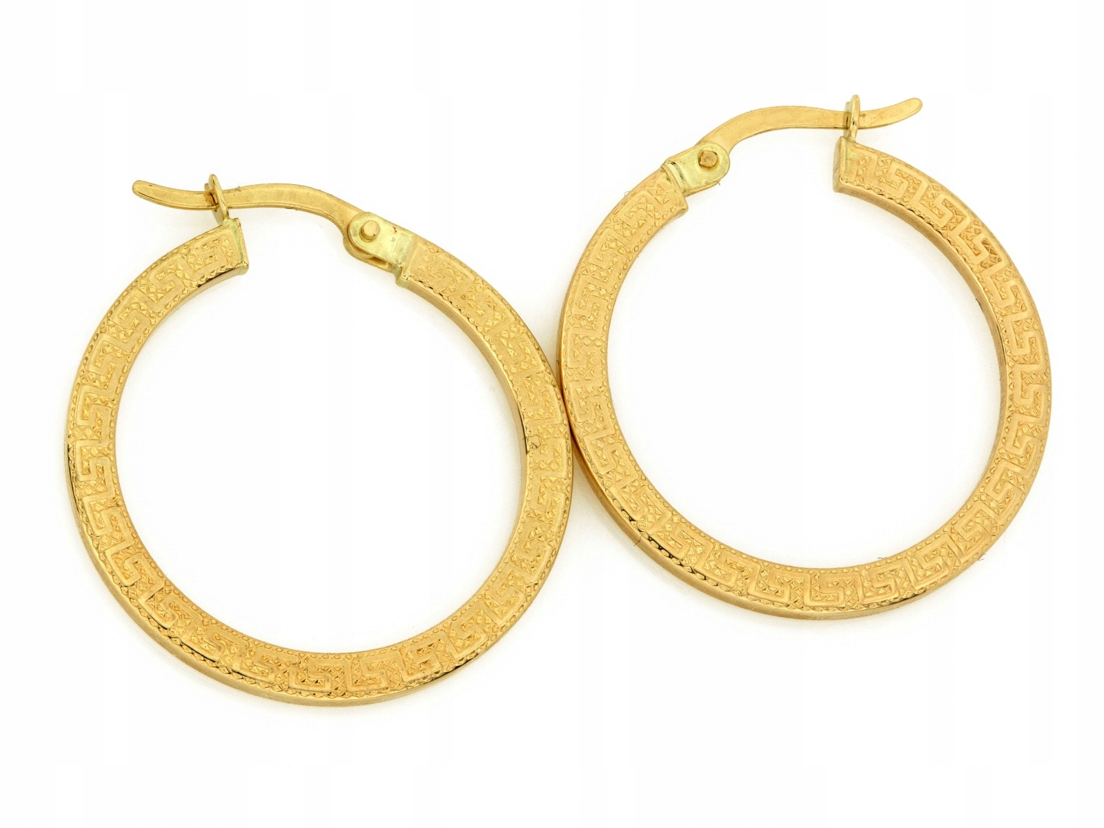 Náušnice zlaté pro ženu ryzost 585 kruhů s řeckým vzorem 27 mm