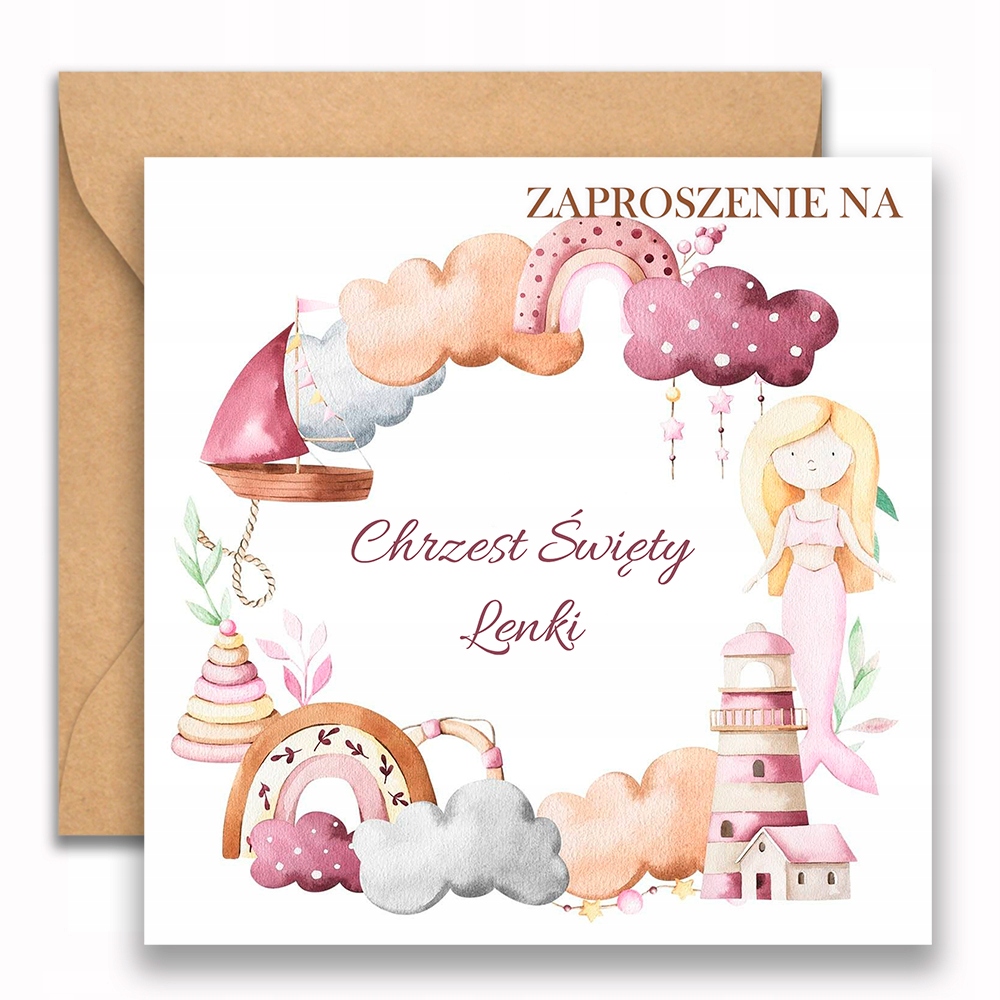 ZAPROSZENIA NA CHRZEST IMIĘ 10szt SYRENKA TĘCZA 065