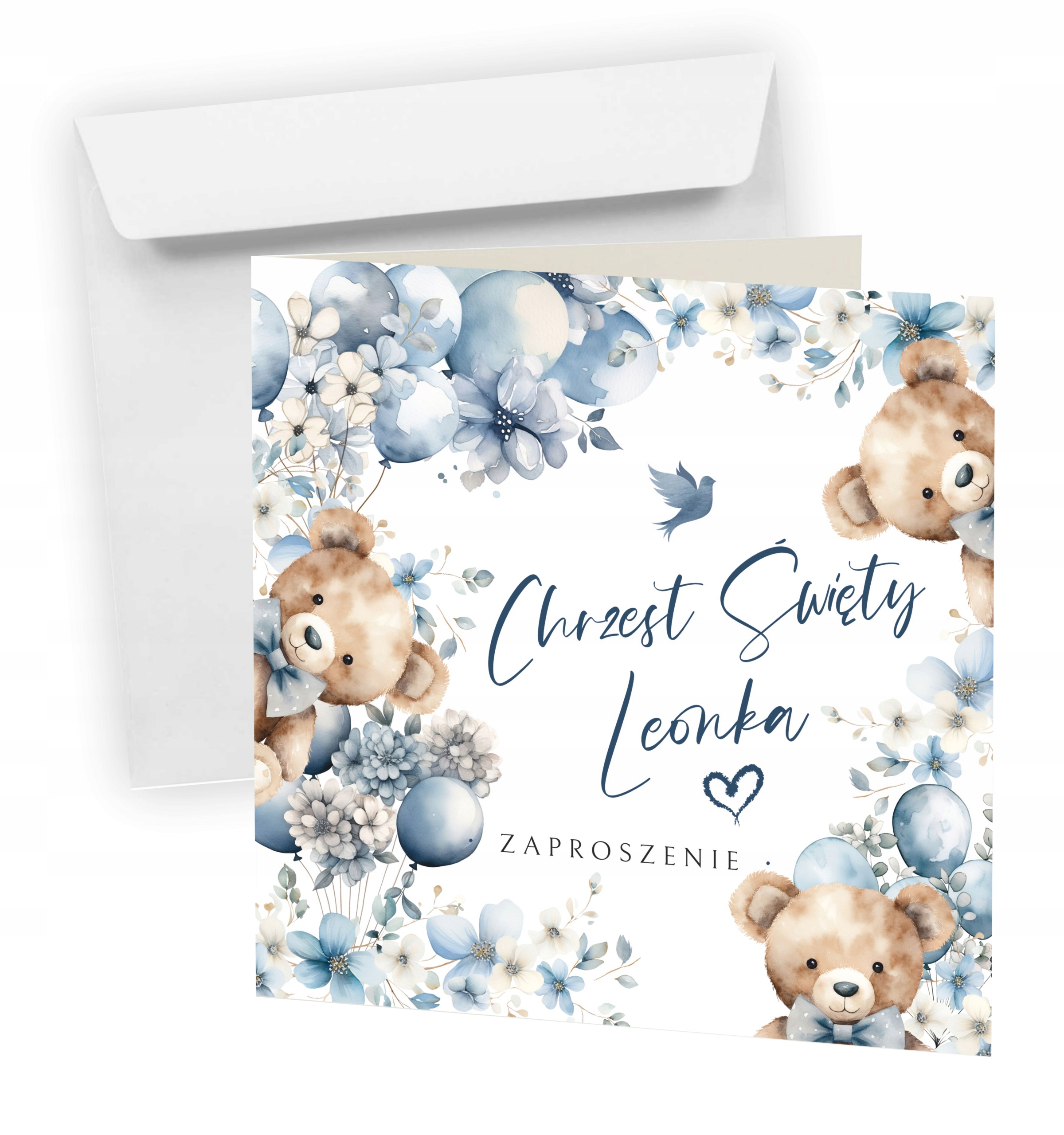 Zaproszenia na Chrzest Święty z kopertą + Imię Dziecka = Miś z Balonem
