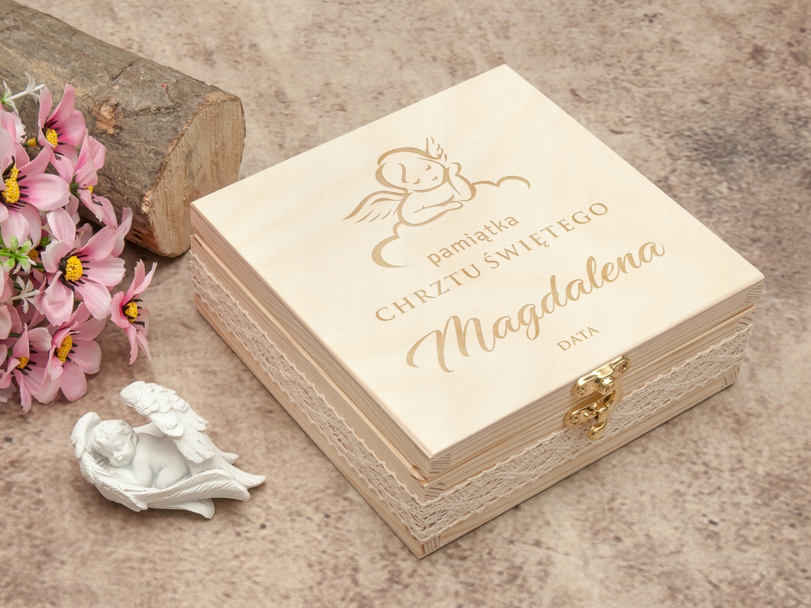 pudełko + aniołek PAMIĄTKA CHRZTU grawer imię Kolor brązowy