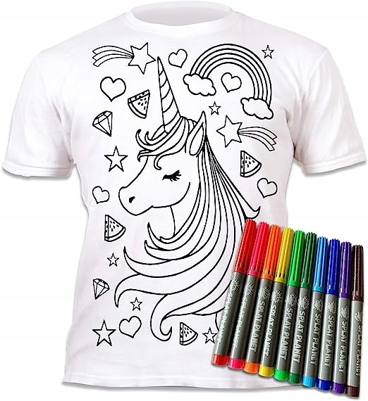 DIY JEDNOROŻEC Koszulka T-shirt do malowania +10 zmywalne markery 9 -11lat Marka Splat Planet