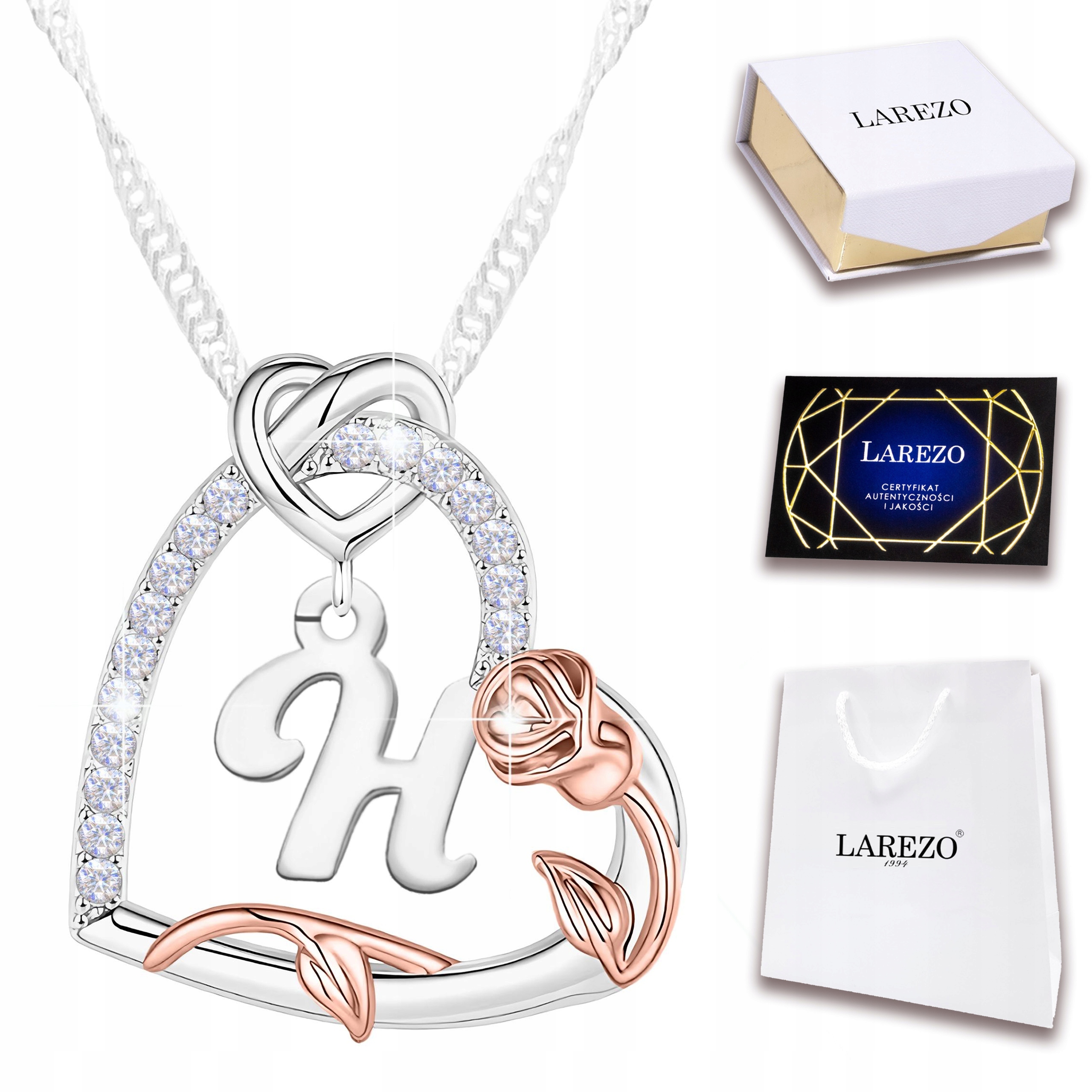 Stříbrný náhrdelník Srdíčko Růže Závěsná Písmeno H Květ života Stříbro 925