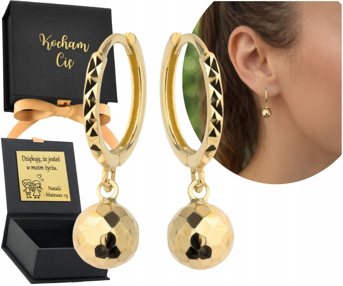 Zlaté Náušnice Závěsné Diamantové Kuličky Efekt 585 Gravírování Bonus