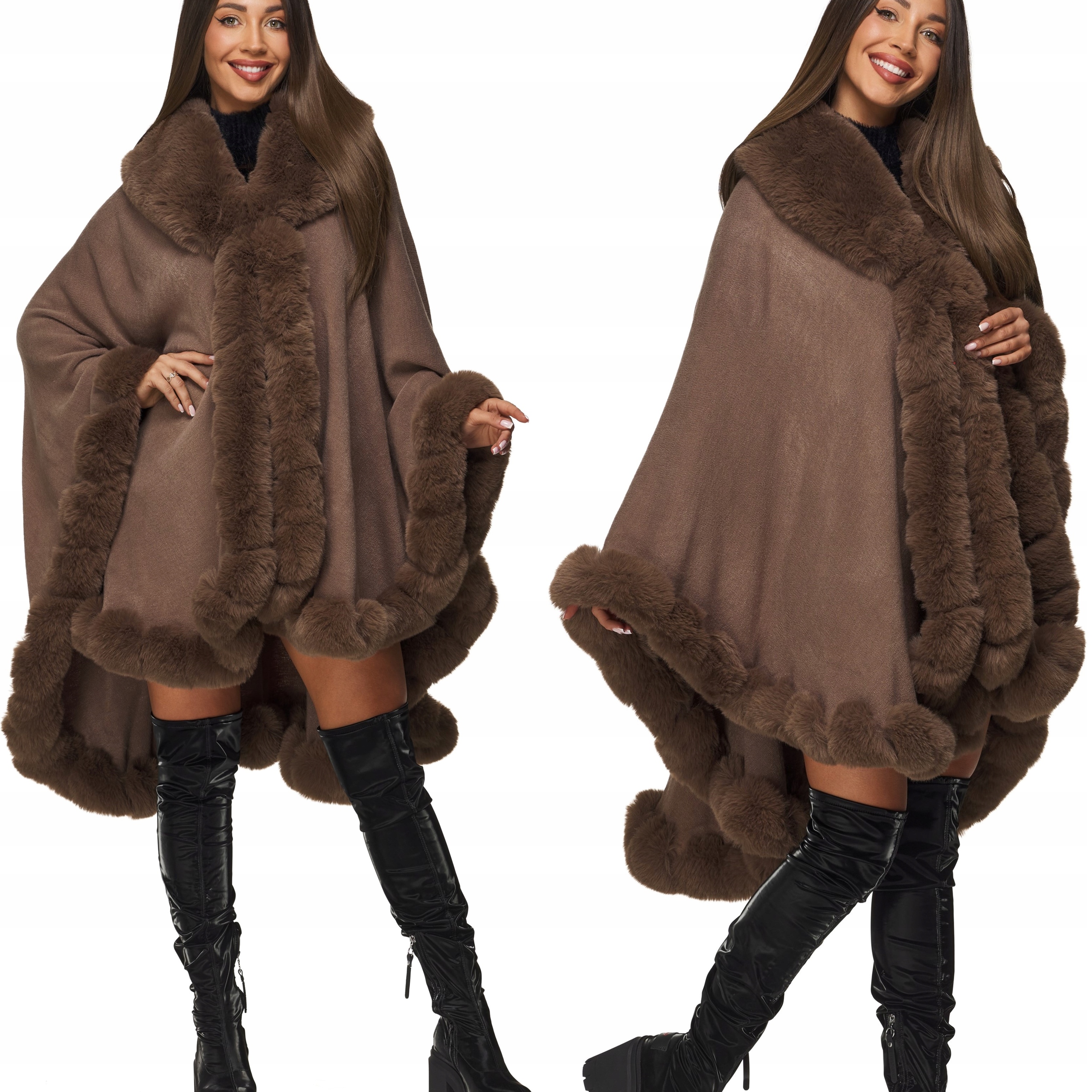 Pončo Dámské dlouhé bolerko z úpletu s kožešinou kožešina