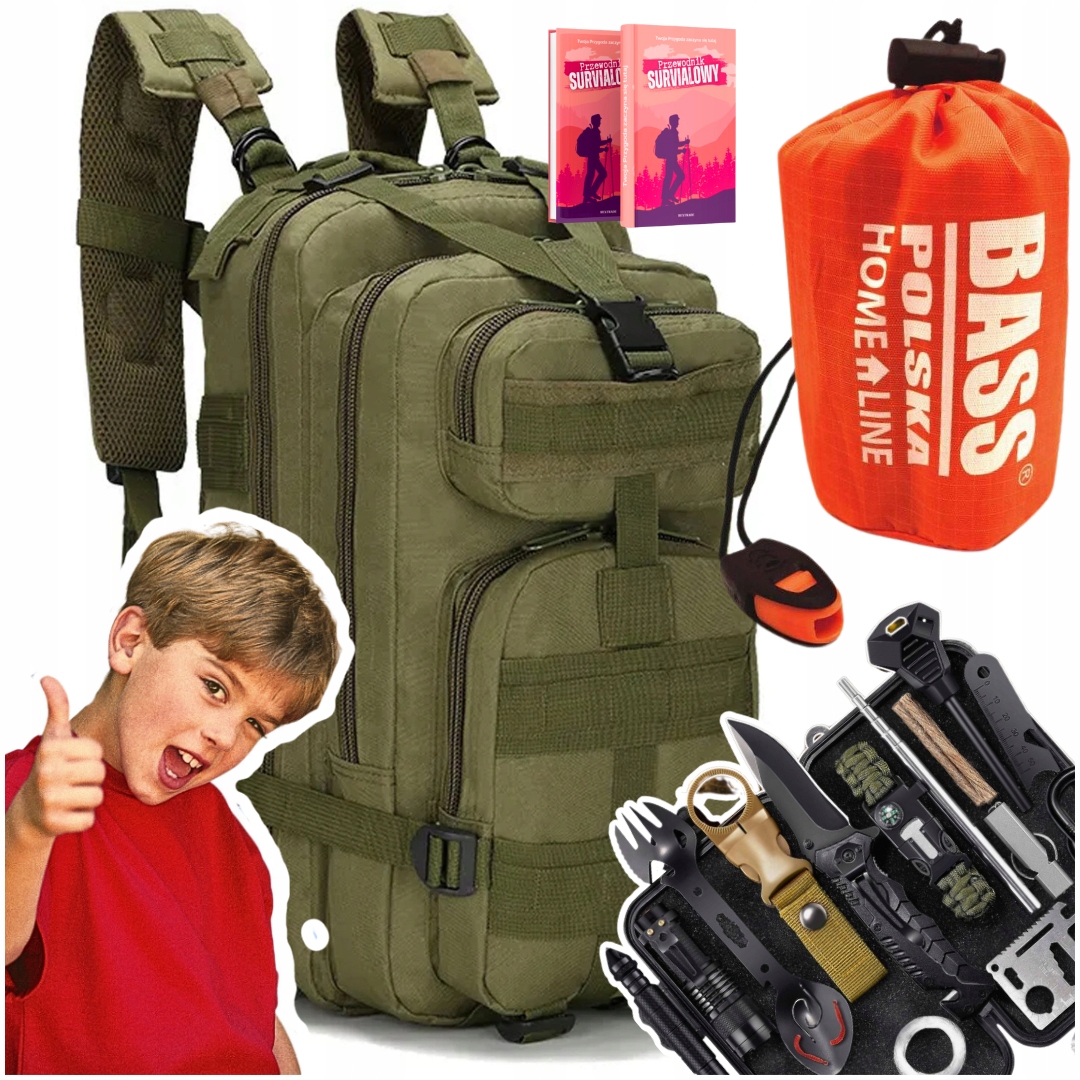 Zestaw Wyjazdowy 3w1: Plecak Khaki Kit Survival Śpiwór Termiczny