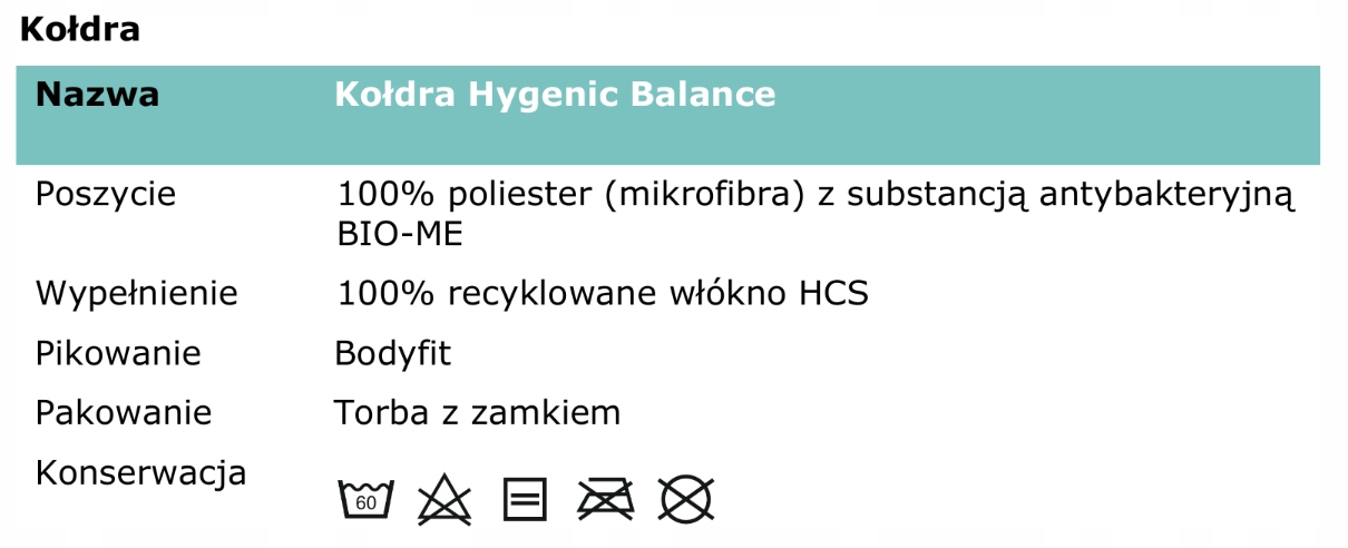 KOŁDRA HYGIENIC BALANCE 160x200 ROZTOCZA STOP IMiD Sezonowość kołdry całoroczna