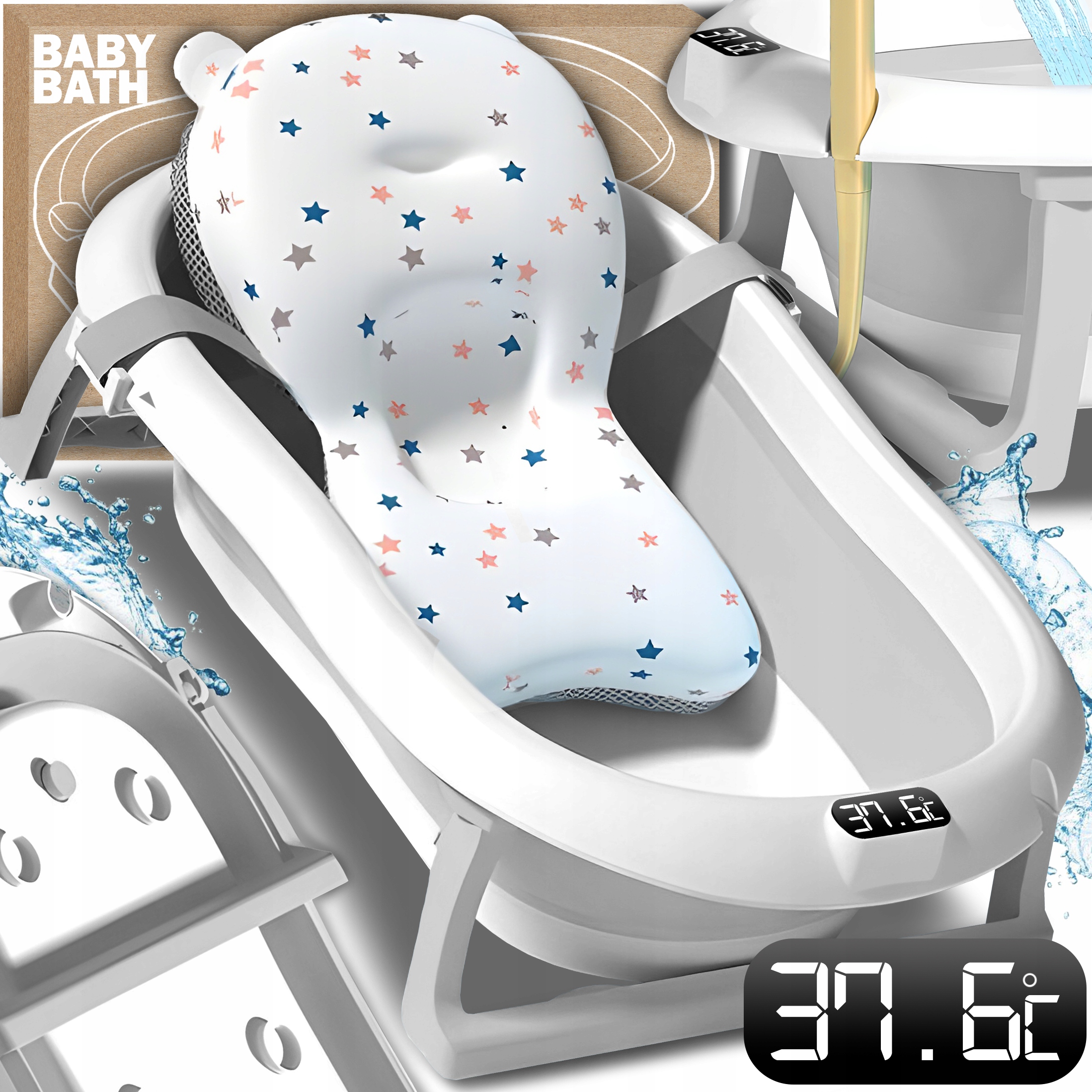 WANIENKA SKŁADANA SILIKONOWA Z TERMOMETREM LCD + PODUSZKA ZAGŁÓWEK WANNA