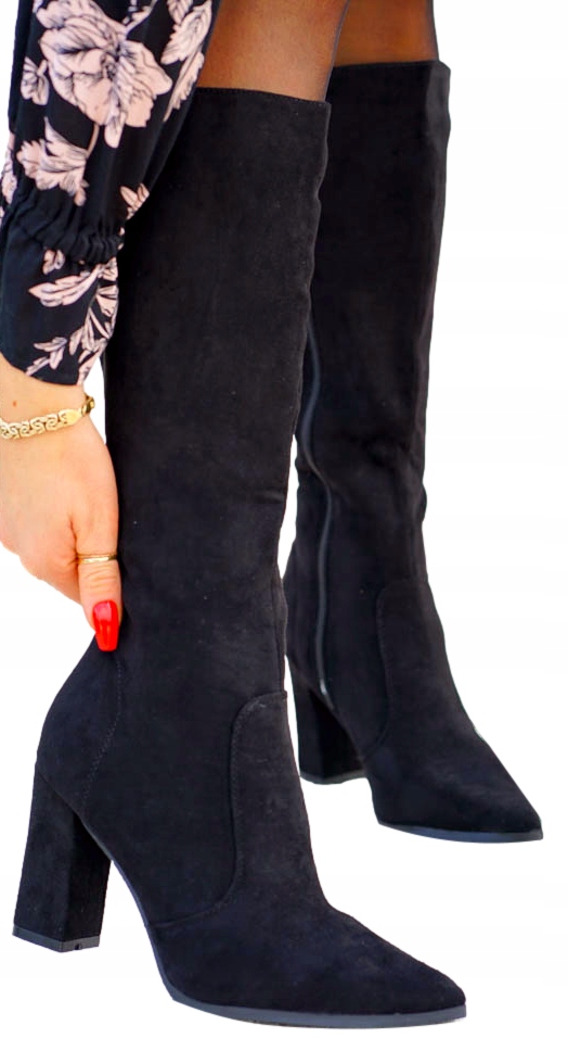 Długie Czarne Zamszowe Kozaki Na Obcasie Pari 38 Marka bez marki