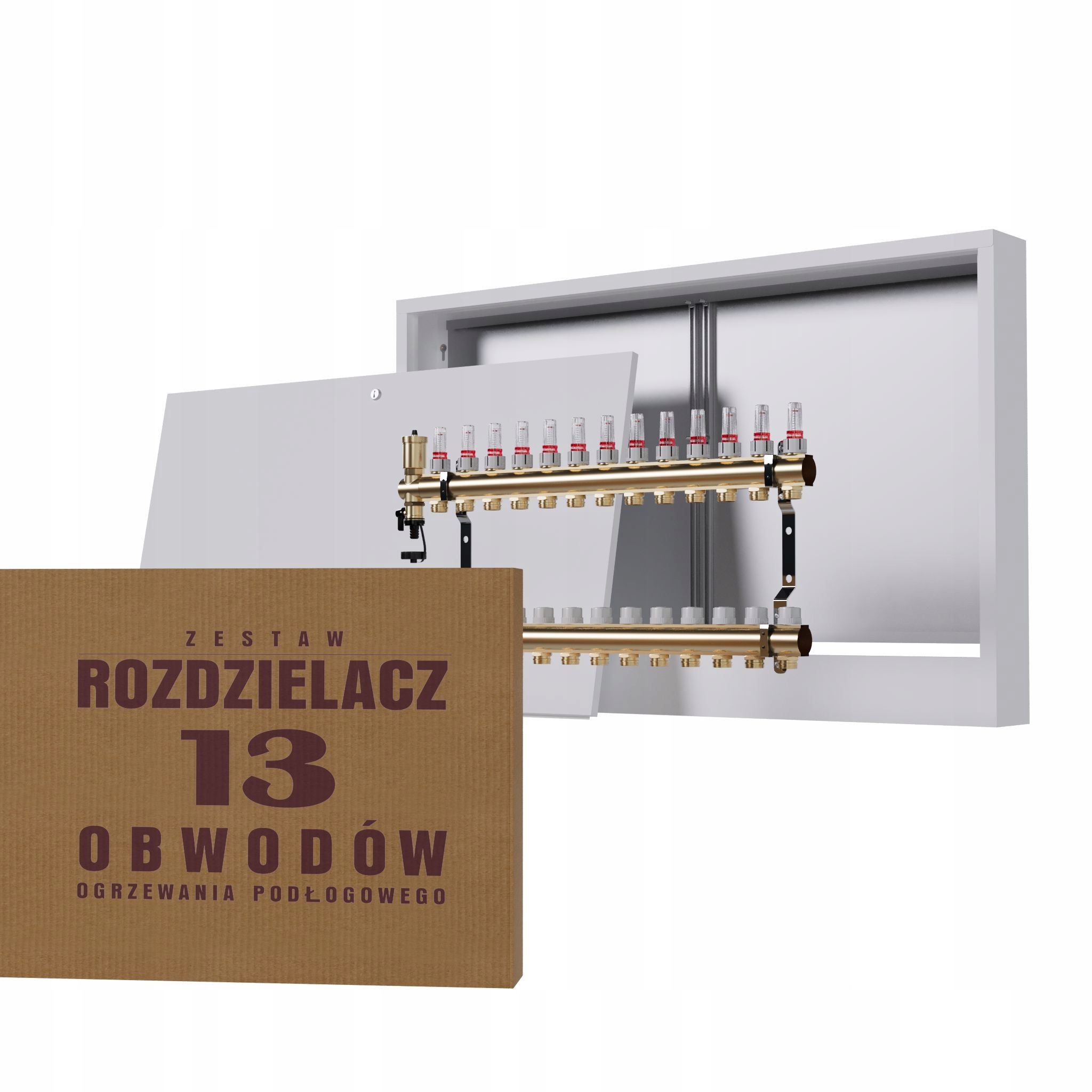 Rozdělovač na podlahy mosazný 13-okruhový a nástěnný box bílý