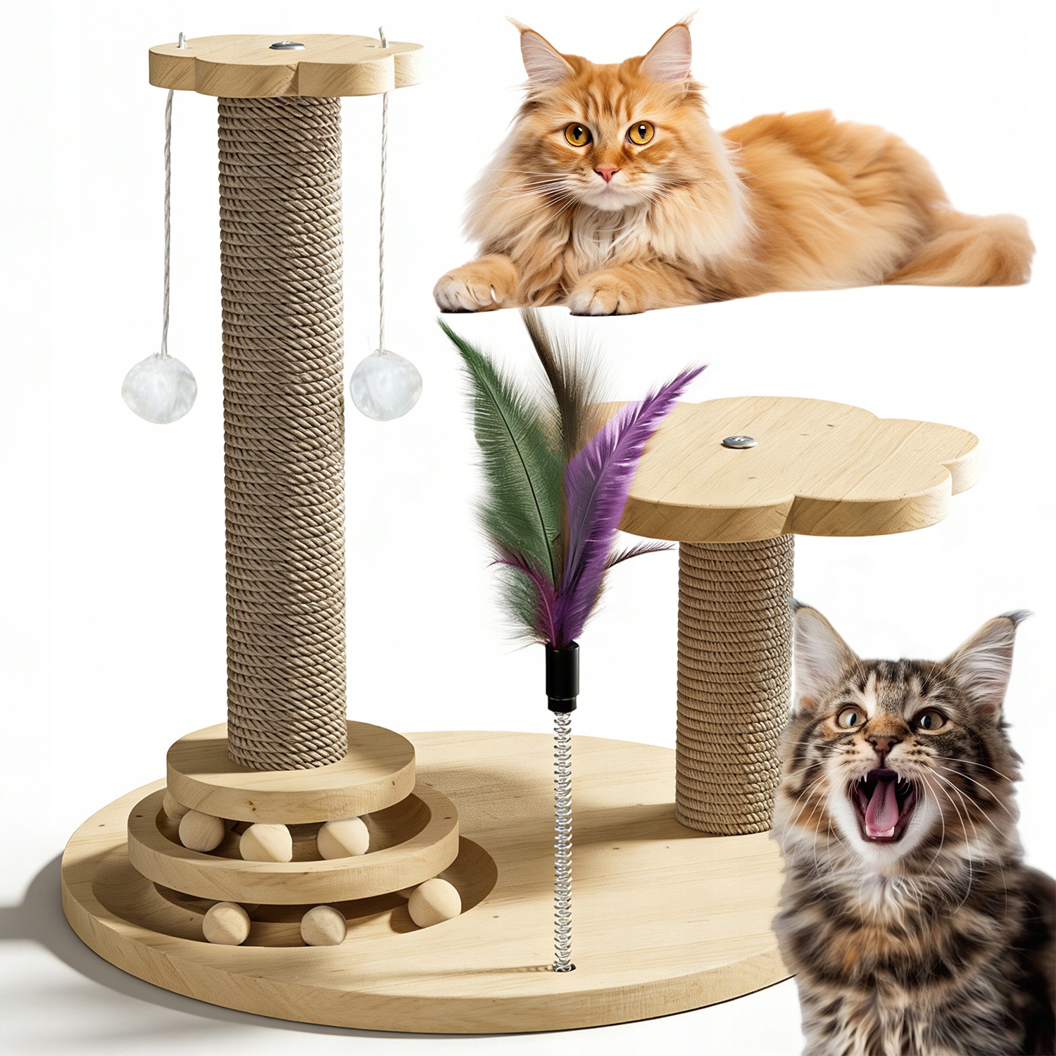 Levně Škrabadlo Pro Kočky Ze Sisalového Lana 3 Úrovně S Hračkami A Policemi Plyš