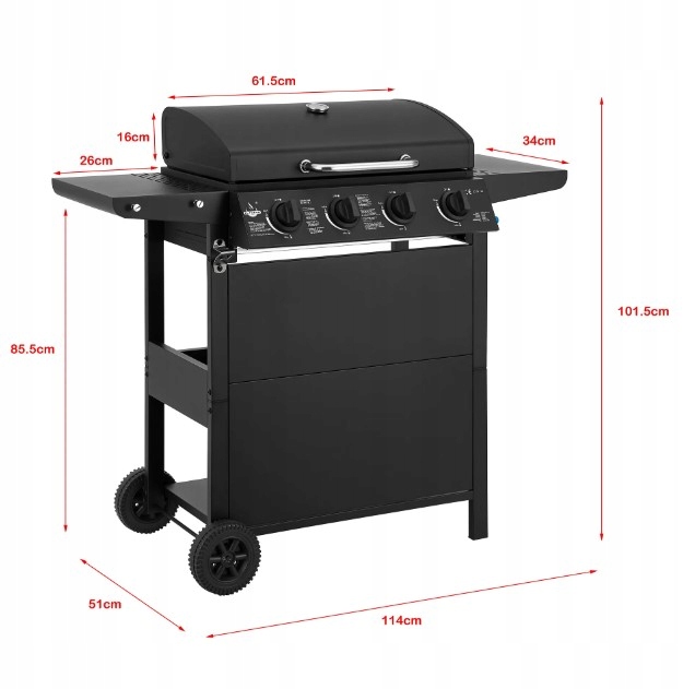GRILL GAZOWY EL FUEGO SAN JOSE 4 PALNIKI ŻELIWNY RUSZT BOCZNEPÓŁKI REDUKTOR
