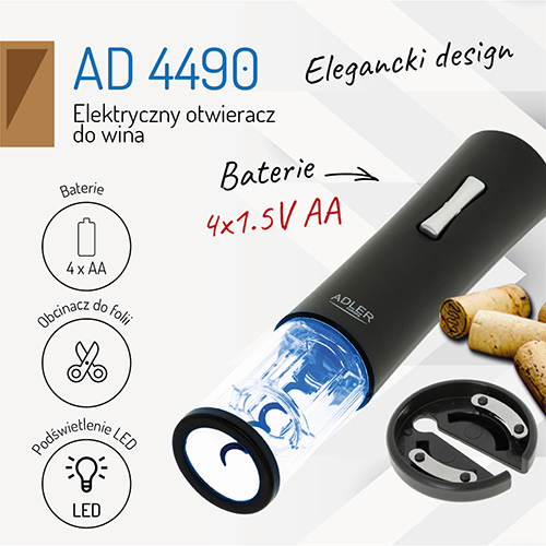 Elektryczny Otwieracz do Wina Adler AD 4490 LED Obcinacz Foli
